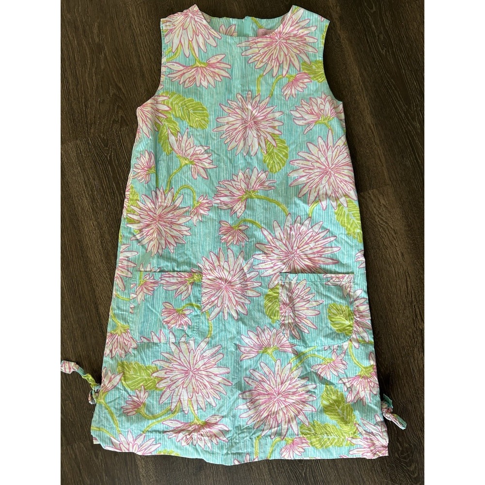 Lilly Pulitzer Girls Aqua Floral Sundress with Pink Blooms